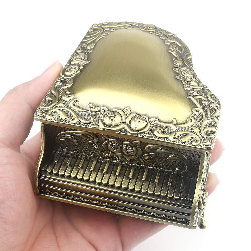 5713 Golden Piano Emboss Alloy Metal Music Box Wind Up Antique Jewelry